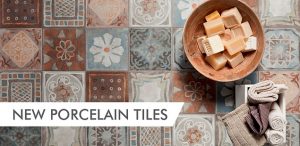 bowl of soap ontop of patterned porcelain tiles