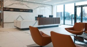 orange leather chairs in reception area