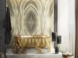 gold detailed bath against statement wall