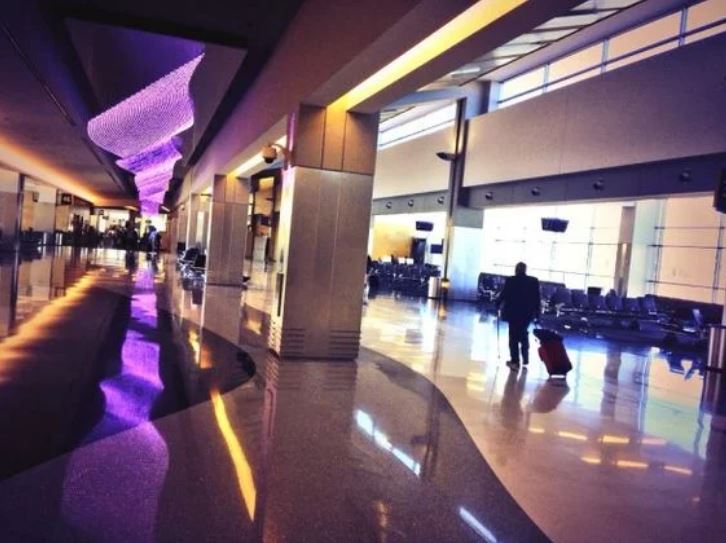 airport with porcelain tiles and coloured lighting