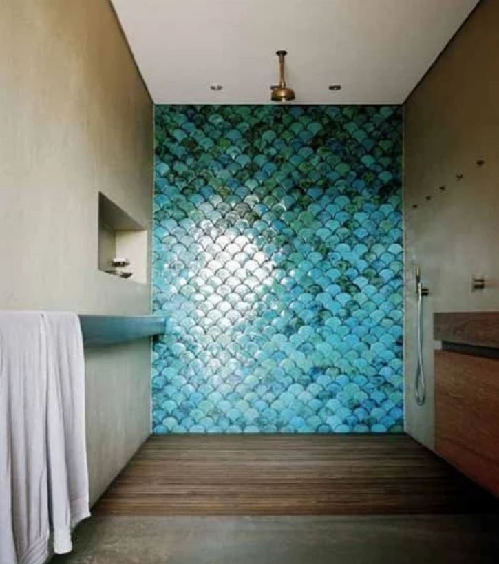 wet room with bright turquoise tiles