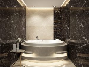 round bath in marble bathroom